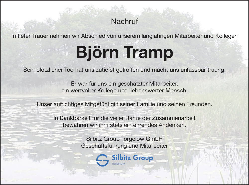  Traueranzeige für Björn Tramp vom 15.09.2023 aus Haff-Zeitung