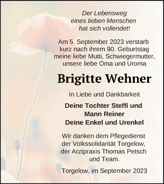 Traueranzeige von Brigitte Wehner von Haff-Zeitung