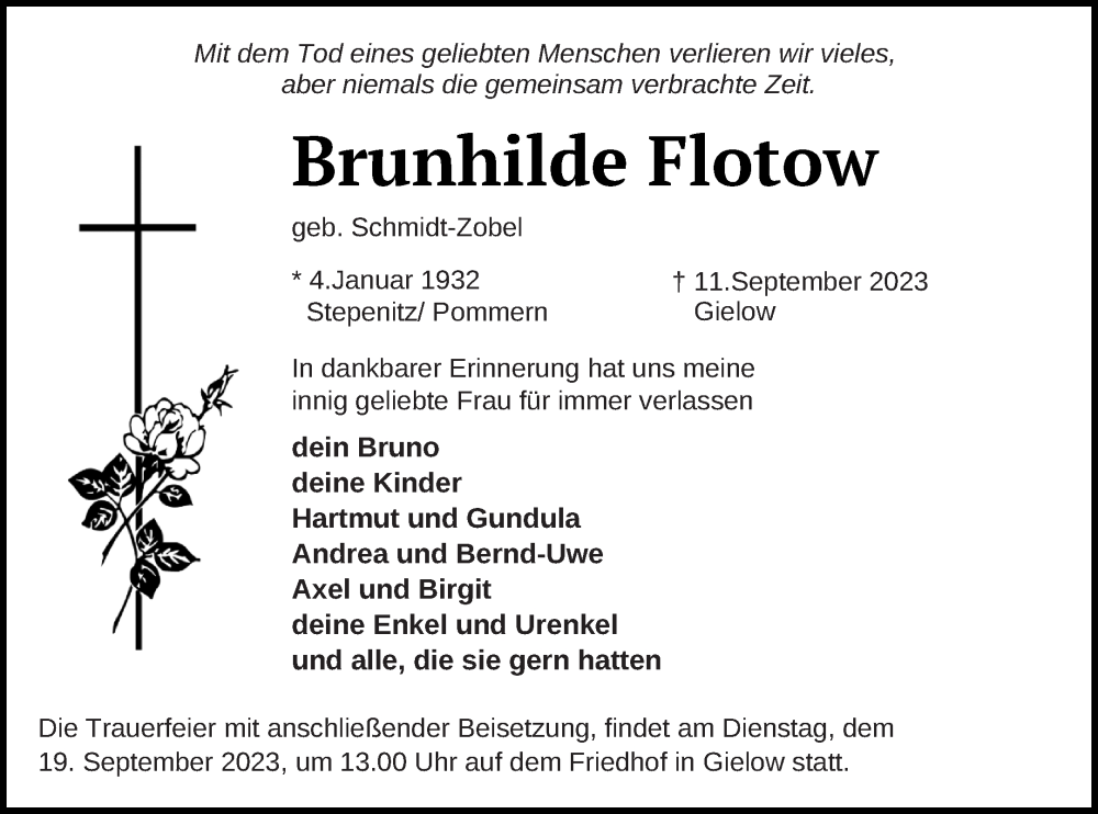  Traueranzeige für Brunhilde Flotow vom 15.09.2023 aus Mecklenburger Schweiz