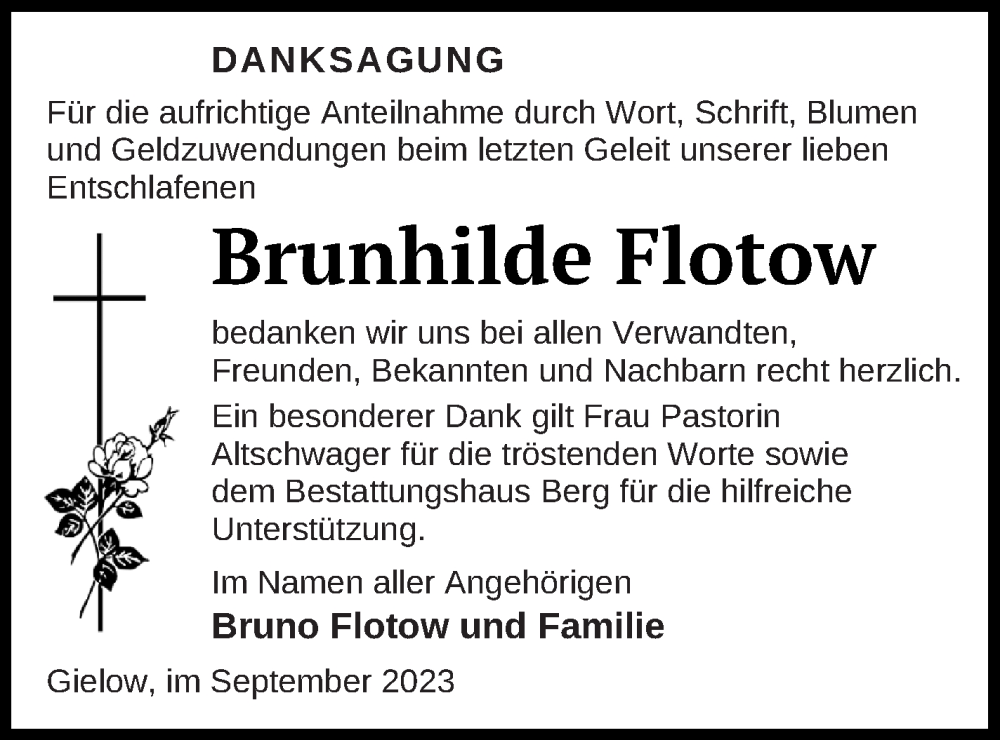  Traueranzeige für Brunhilde Flotow vom 29.09.2023 aus Mecklenburger Schweiz