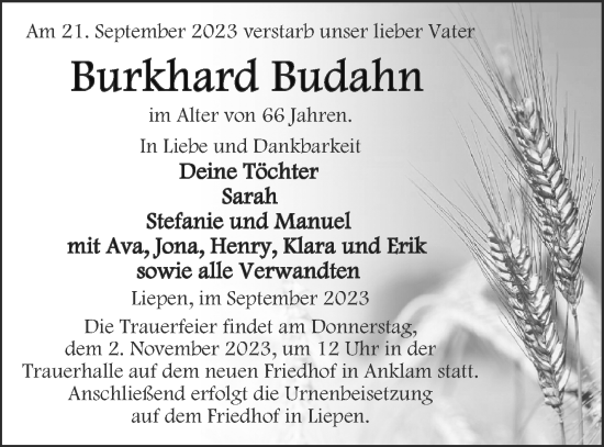 Traueranzeige von Burkhard Budahn von Vorpommern Kurier