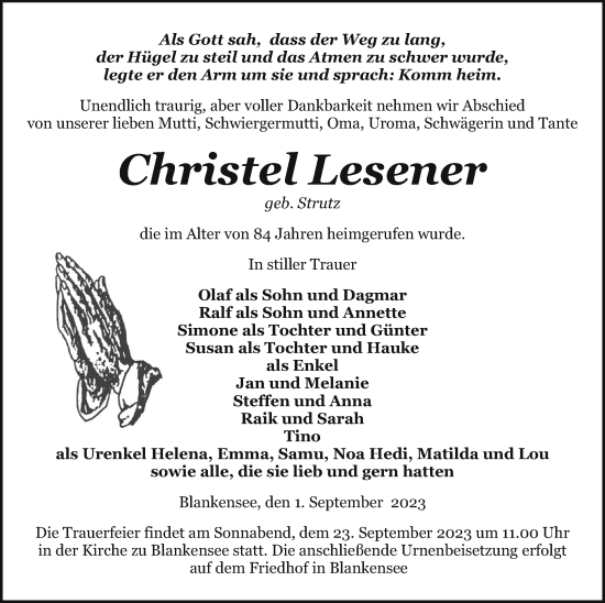 Traueranzeige von Christel Lesener von Pasewalker Zeitung