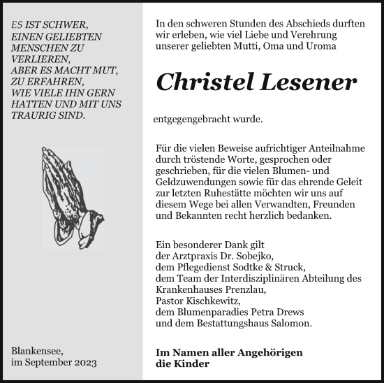 Traueranzeige von Christel Lesener von Pasewalker Zeitung