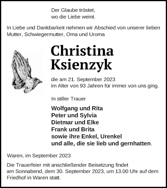 Traueranzeige von Christina Ksienzyk von Müritz-Zeitung