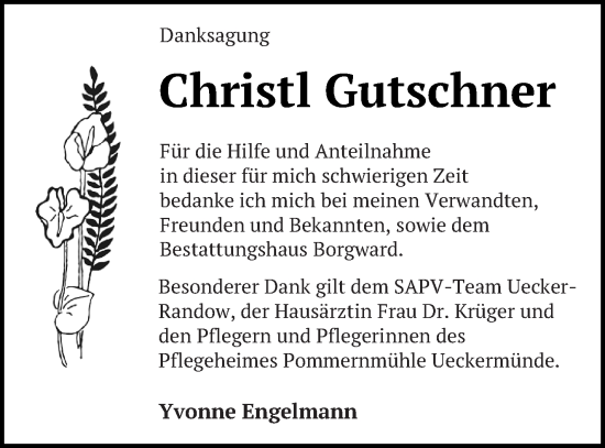 Traueranzeige von Christl Gutschner von Haff-Zeitung