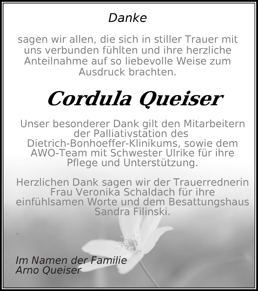  Traueranzeige für Cordula Queiser vom 30.09.2023 aus Neubrandenburger Zeitung