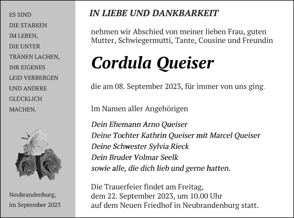  Traueranzeige für Cordula Queiser vom 16.09.2023 aus Neubrandenburger Zeitung