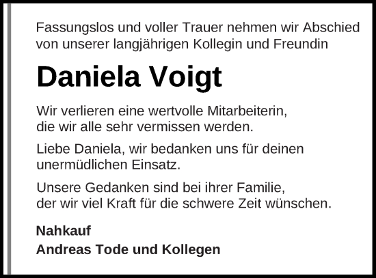 Traueranzeige von Daniela Voigt von Neubrandenburger Zeitung