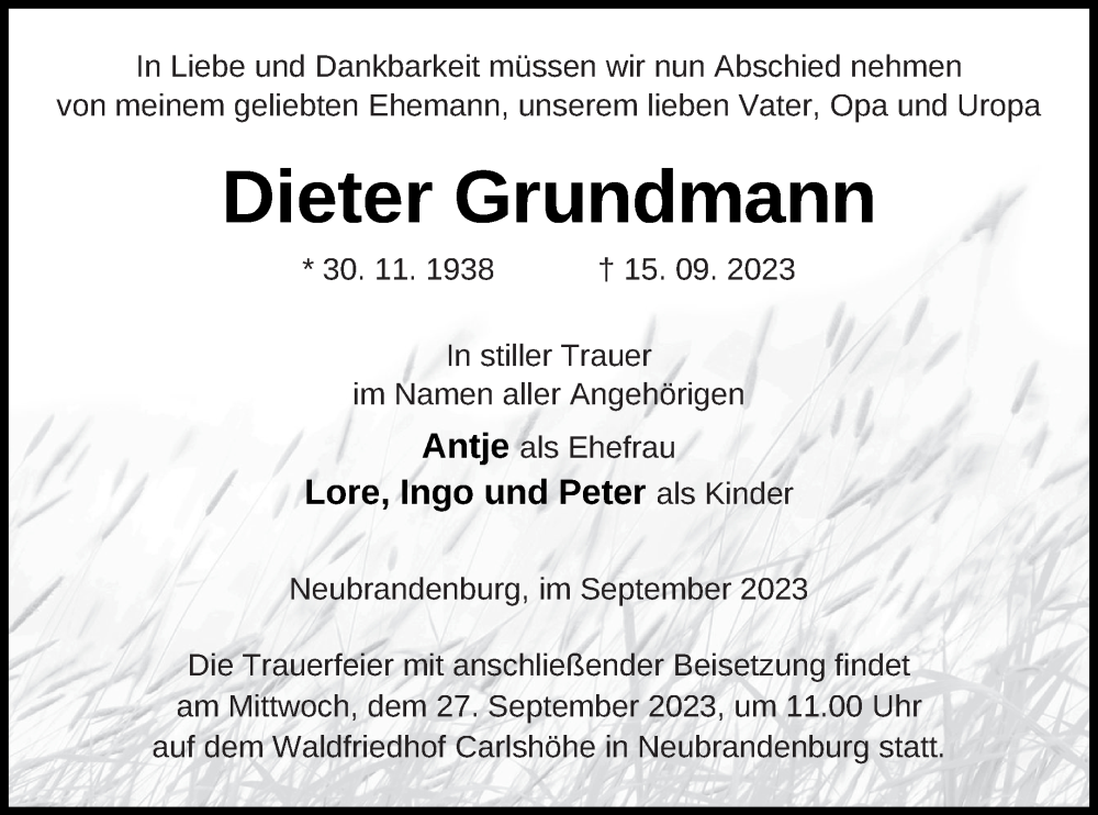  Traueranzeige für Dieter Grundmann vom 22.09.2023 aus Demminer Zeitung