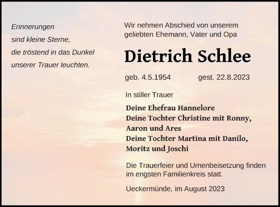 Traueranzeige von Dietrich Schlee von Haff-Zeitung