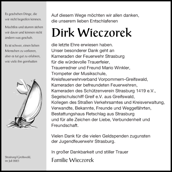 Traueranzeige von Dirk Wieczorek von Pasewalker Zeitung