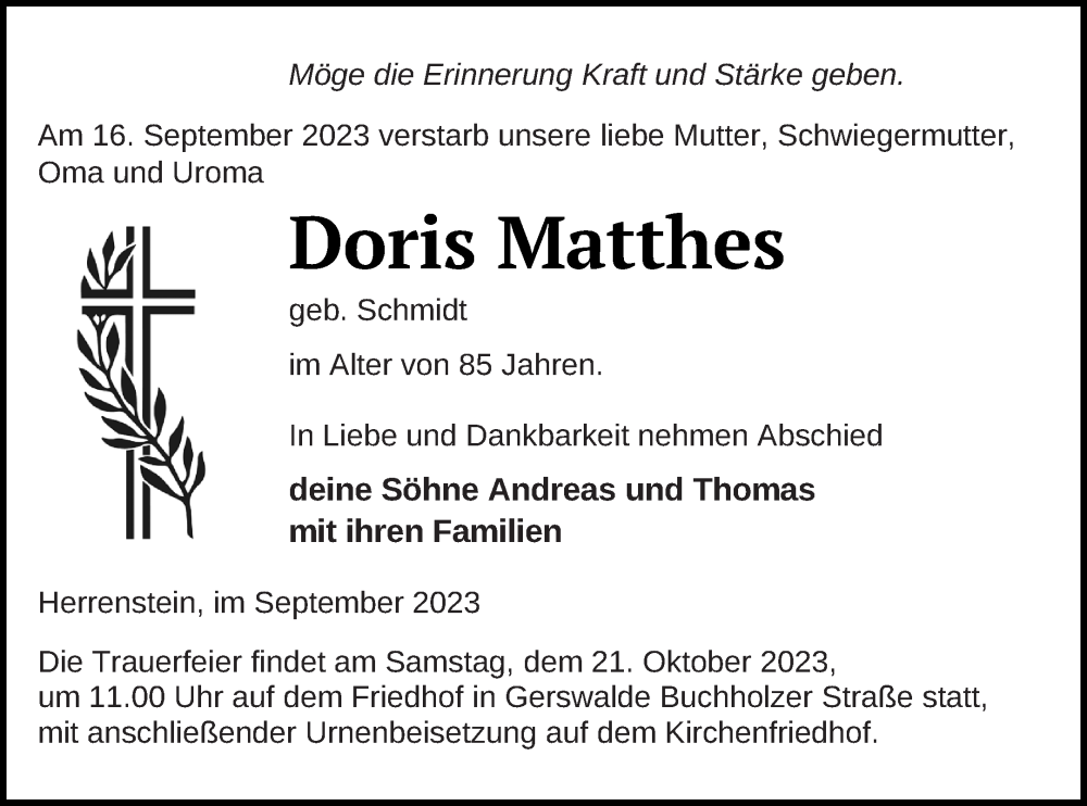 Traueranzeige für Doris Matthes vom 30.09.2023 aus Templiner Zeitung