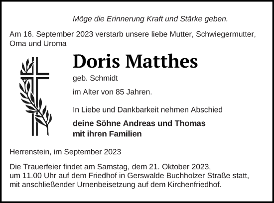 Traueranzeige von Doris Matthes von Templiner Zeitung