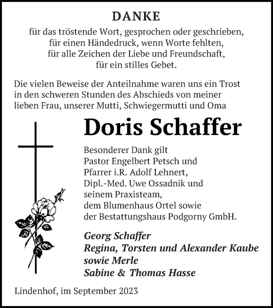 Traueranzeige von Doris Schaffer von Neubrandenburger Zeitung