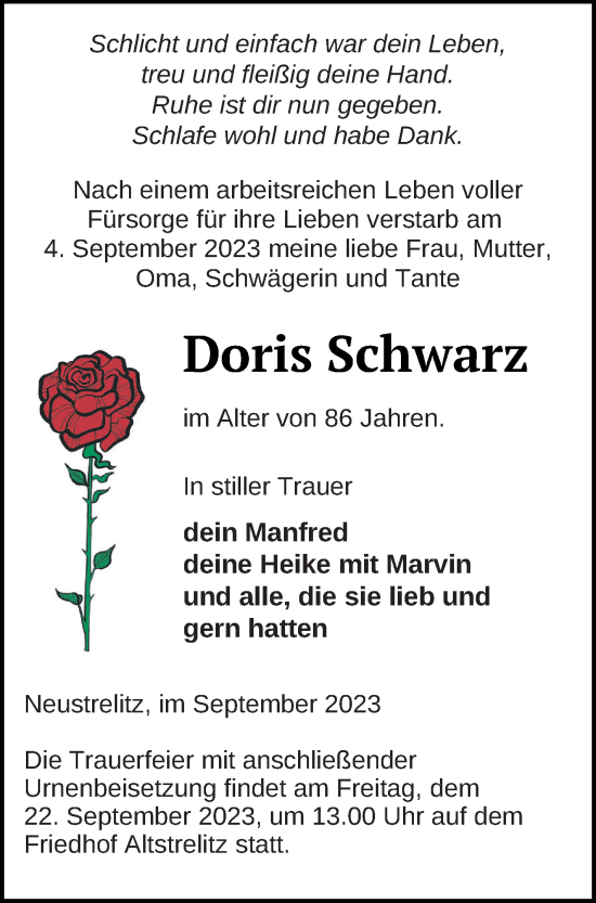 Traueranzeige von Doris Schwarz von Strelitzer Zeitung