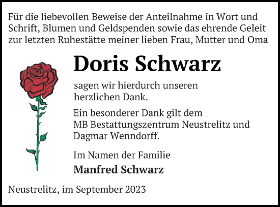 Traueranzeige von Doris Schwarz von Strelitzer Zeitung