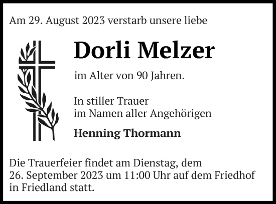 Traueranzeige von Dorli Melzer von Neubrandenburger Zeitung