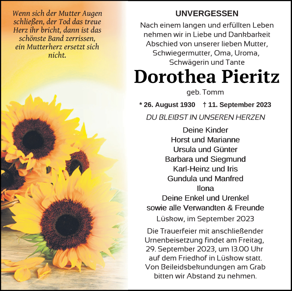  Traueranzeige für Dorothea Pieritz vom 23.09.2023 aus Vorpommern Kurier
