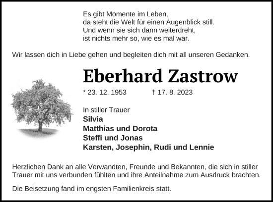 Traueranzeige von Eberhard Zastrow von Vorpommern Kurier