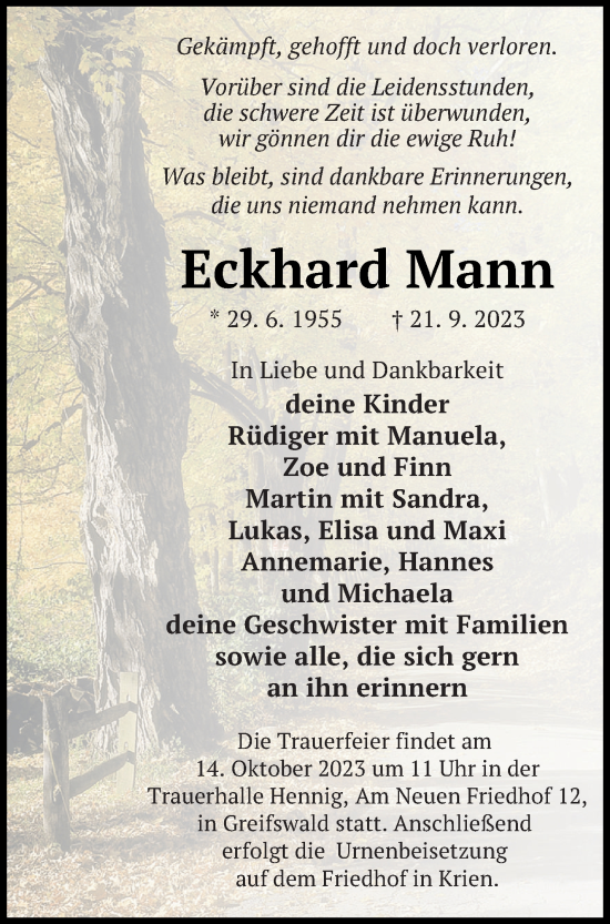 Traueranzeige von Eckhard Mann von Vorpommern Kurier