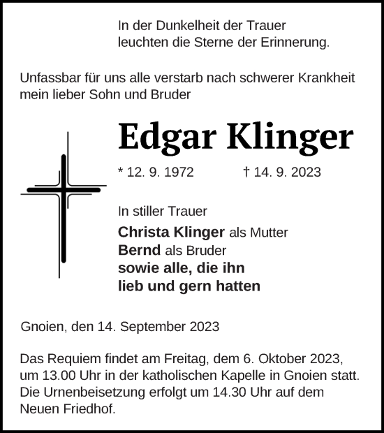 Traueranzeige von Edgar Klinger von Mecklenburger Schweiz