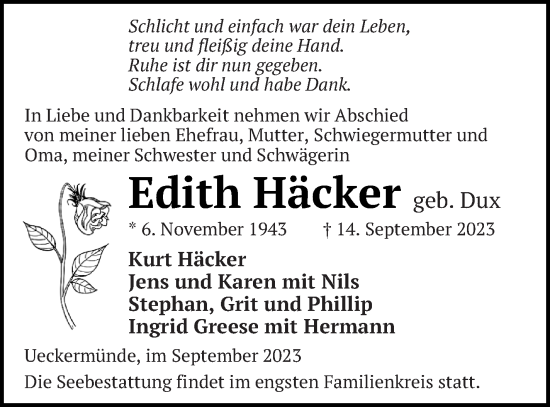 Traueranzeige von Edith Häcker von Haff-Zeitung