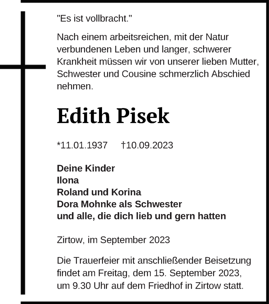  Traueranzeige für Edith Pisek vom 14.09.2023 aus Strelitzer Zeitung
