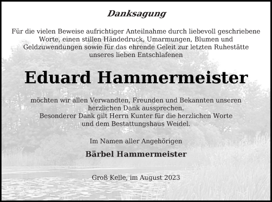 Traueranzeige von Eduard Hammermeister von Müritz-Zeitung