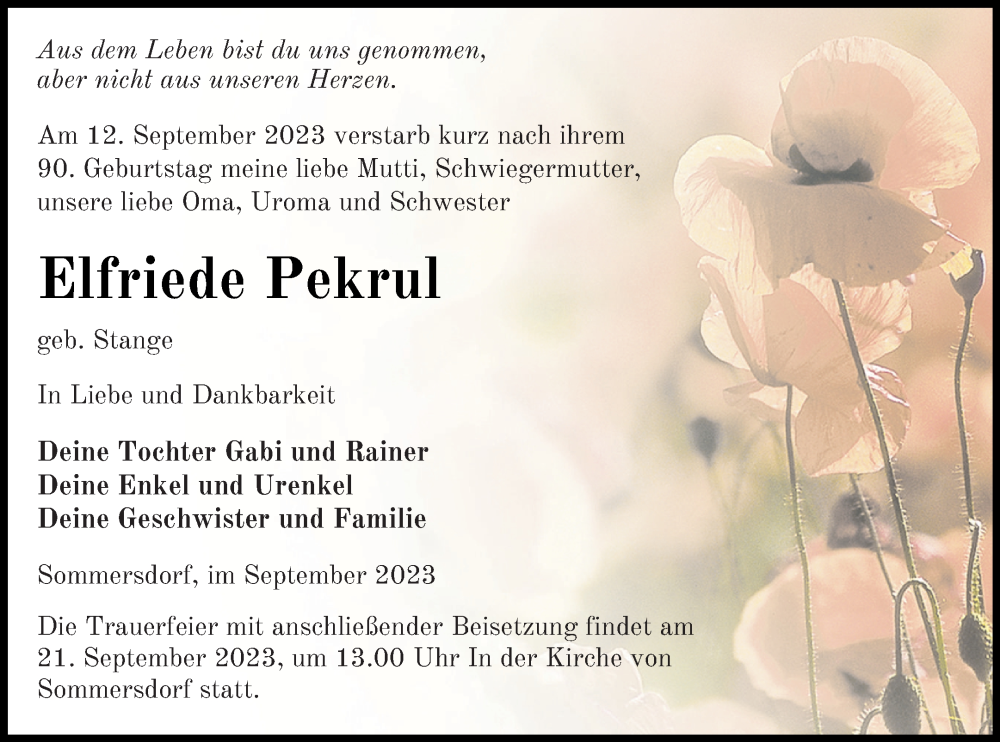  Traueranzeige für Elfriede Pekrul vom 16.09.2023 aus Pasewalker Zeitung