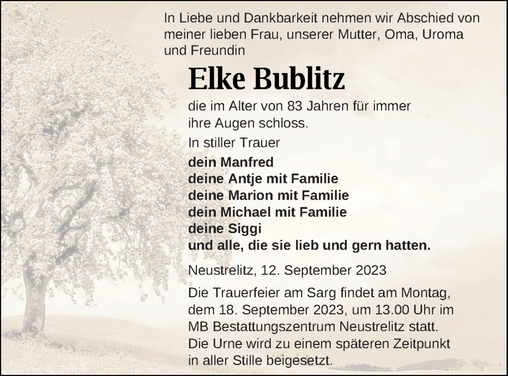  Traueranzeige für Elke Bublitz vom 15.09.2023 aus Strelitzer Zeitung