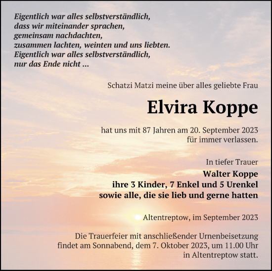 Traueranzeige von Elvira Koppe von Neubrandenburger Zeitung