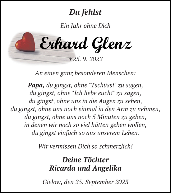 Traueranzeige von Erhard Glenz von Mecklenburger Schweiz