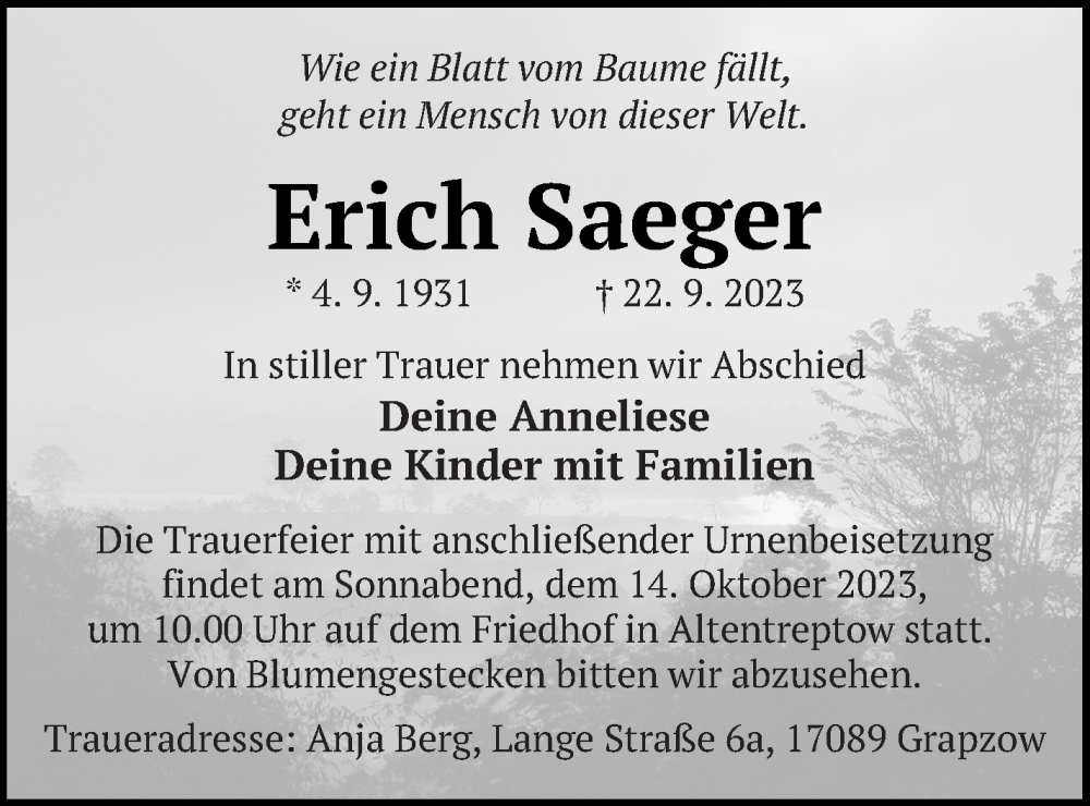  Traueranzeige für Erich Saeger vom 30.09.2023 aus Haff-Zeitung
