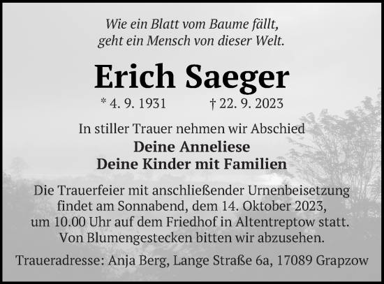 Traueranzeige von Erich Saeger von Haff-Zeitung