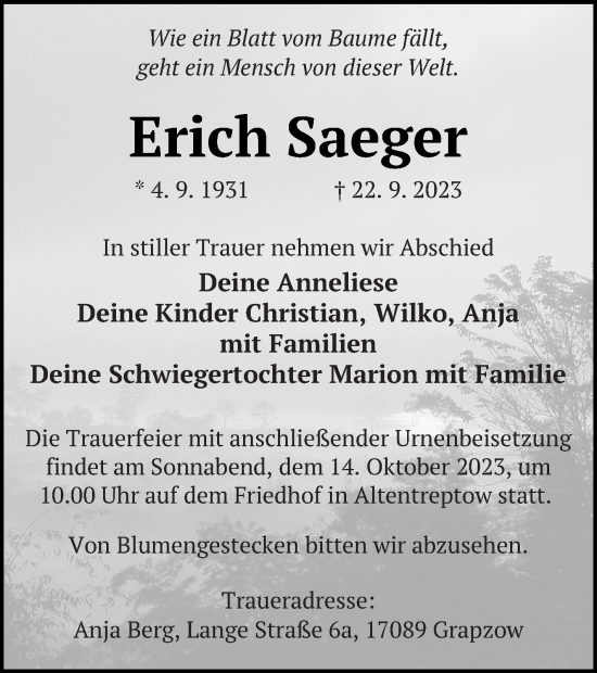 Traueranzeige von Erich Saeger von Neubrandenburger Zeitung