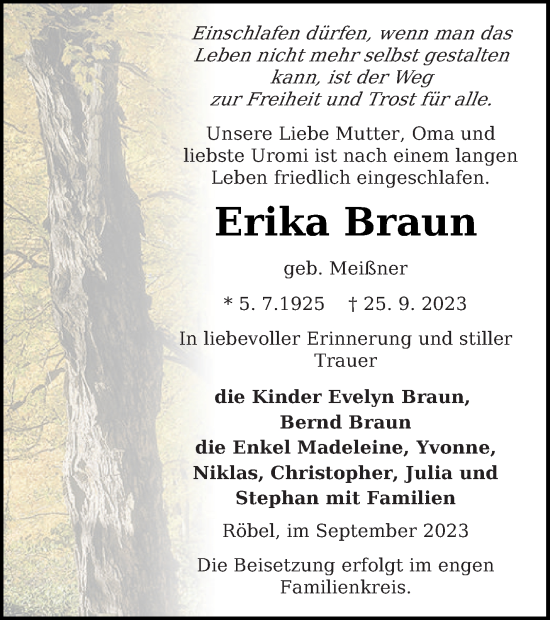 Traueranzeige von Erika Braun von Müritz-Zeitung