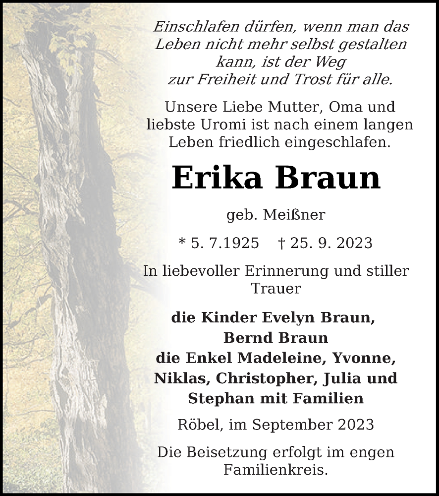  Traueranzeige für Erika Braun vom 30.09.2023 aus Müritz-Zeitung
