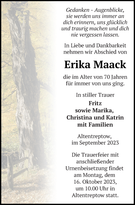 Traueranzeige von Erika Maack von Neubrandenburger Zeitung
