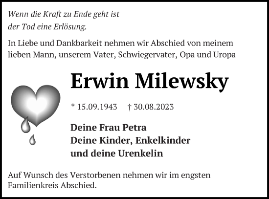 Traueranzeige von Erwin Milewsky von Mecklenburger Schweiz