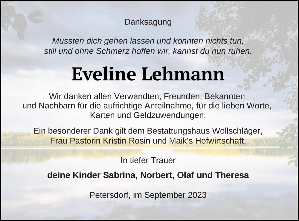  Traueranzeige für Eveline Lehmann vom 30.09.2023 aus Templiner Zeitung