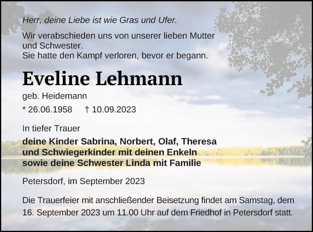 Traueranzeige für Eveline Lehmann vom 13.09.2023 aus Templiner Zeitung