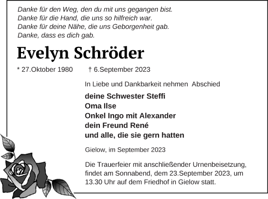 Traueranzeige von Evelyn Schröder von Mecklenburger Schweiz