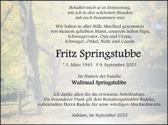 Traueranzeige von Fritz Springstubbe von Vorpommern Kurier