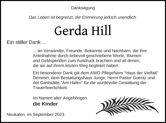 Traueranzeige von Gerda Hill von Mecklenburger Schweiz