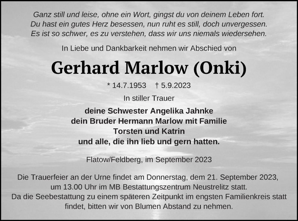  Traueranzeige für Gerhard Marlow vom 15.09.2023 aus Strelitzer Zeitung