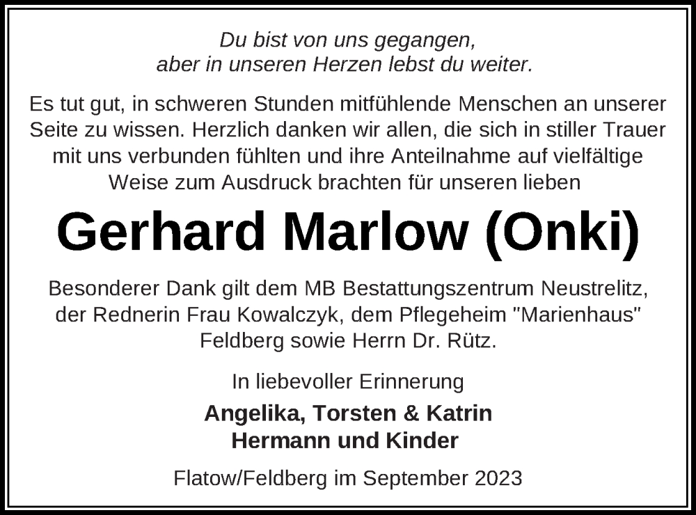  Traueranzeige für Gerhard Marlow vom 29.09.2023 aus Strelitzer Zeitung