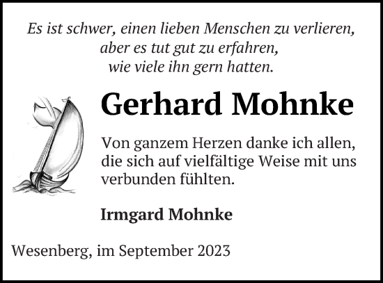 Traueranzeige von Gerhard Mohnke von Strelitzer Zeitung