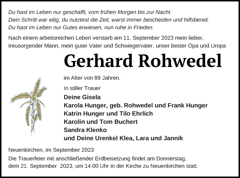  Traueranzeige für Gerhard Rohwedel vom 15.09.2023 aus Neubrandenburger Zeitung