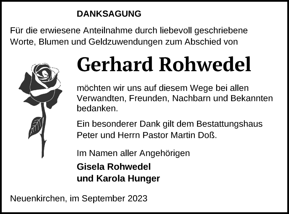  Traueranzeige für Gerhard Rohwedel vom 30.09.2023 aus Neubrandenburger Zeitung