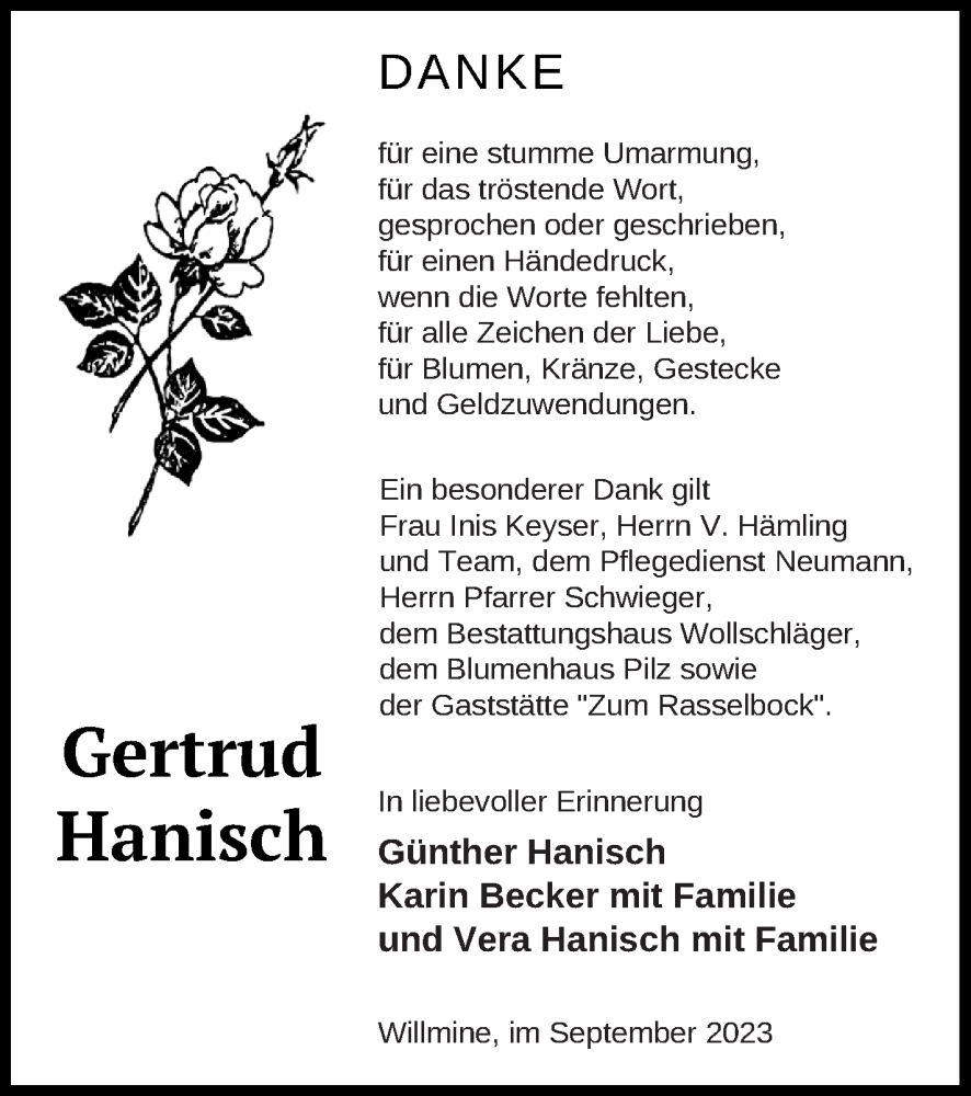  Traueranzeige für Gertrud Hanisch vom 29.09.2023 aus Templiner Zeitung